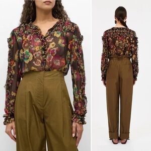 NWOT Ulla Johnson Andi Ruffled Floral Crinkle Silk Chiffon Blouse Size 2